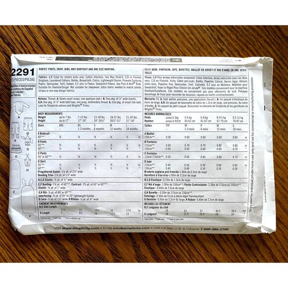 UNCUT 2000s Simplicity 2291 Sewing Pattern Baby Sz XS-XL Pant Bodysuit Skirt Bib - Picture 2 of 2